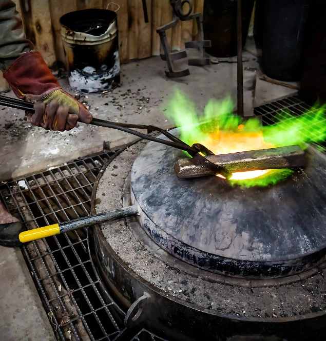 Worker using tongs to heat metal over a green-flame furnace in a metal forging workshop