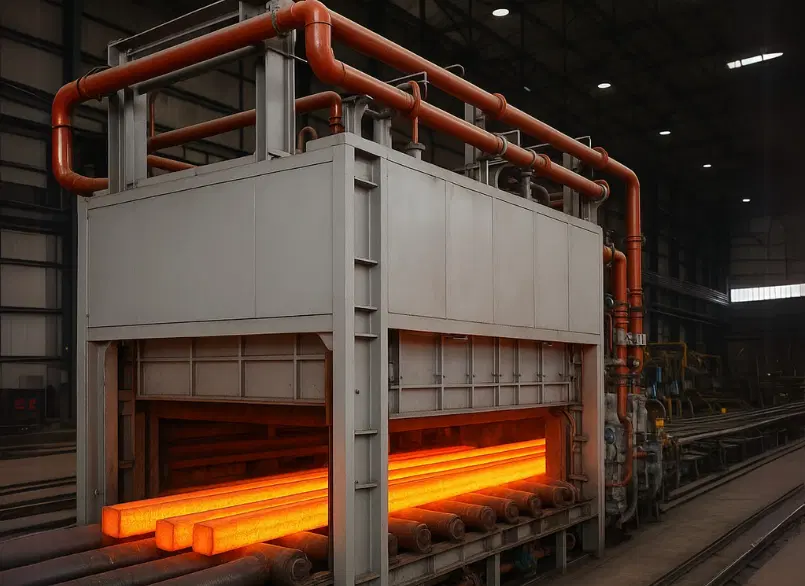 Industrial billet reheating furnace in operation at a steel plant with glowing hot billets moving on rollers